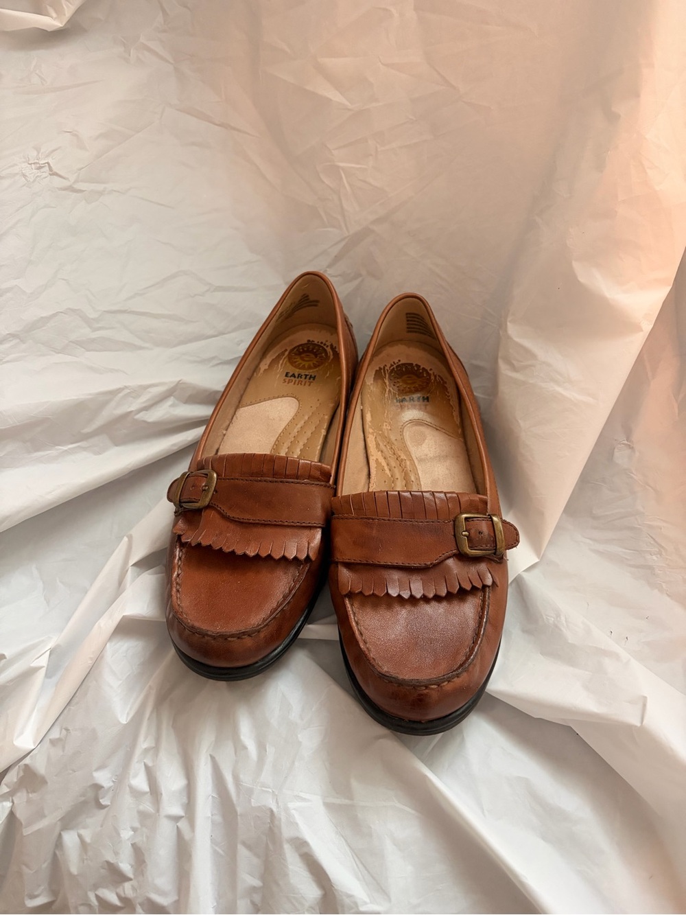 Earth Spirit Cognac Brown Kiltie Loafers with Buckle Detail